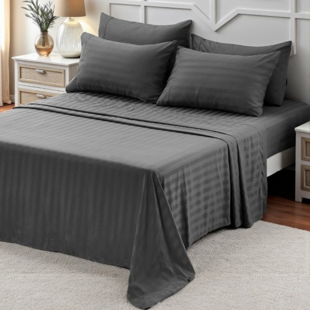 Armonia Series 82 Thread Count 100% Cotton Striped Sateen Duvet Cover Set - Double, Fitted Sheet Breathable Luxury Tight Weave