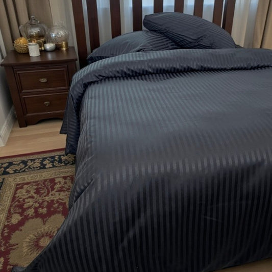 Imperial 100% Cotton Sateen Striped Single Duvet Cover Set – Fitted Sheet, Luxury Hotel Comfort
