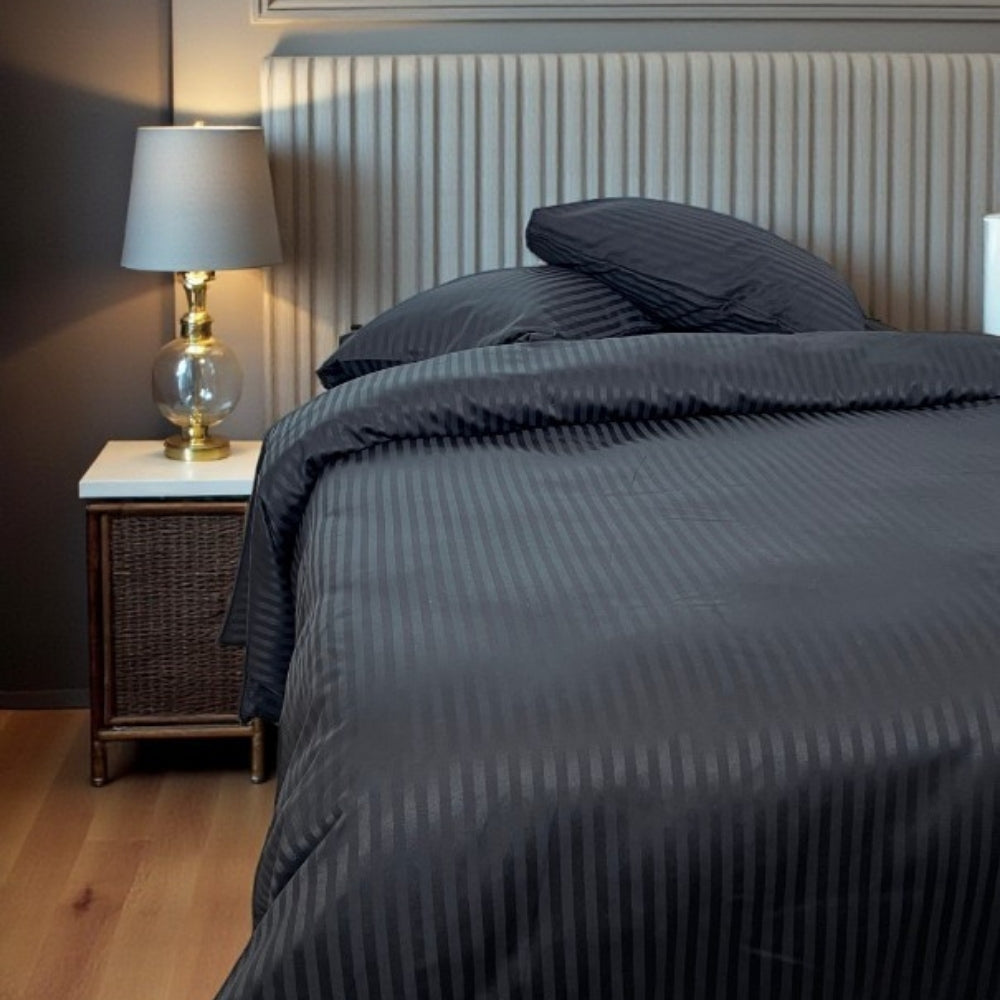 Armonia Series 82 Thread Count 100% Cotton Striped Sateen Duvet Cover Set - Double, Fitted Sheet Breathable Luxury Tight Weave