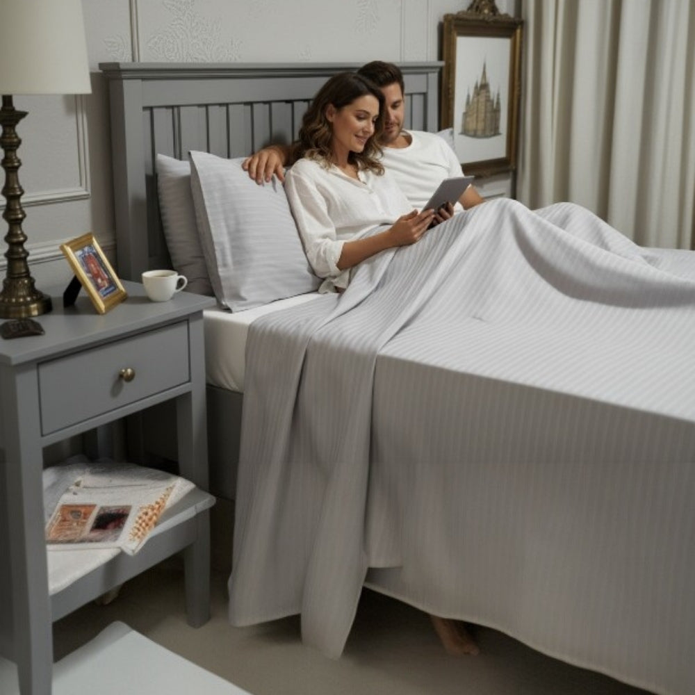 Armonia Series 82 Thread Count 100% Cotton Striped Sateen Duvet Cover Set - Double, Fitted Sheet Breathable Luxury Tight Weave